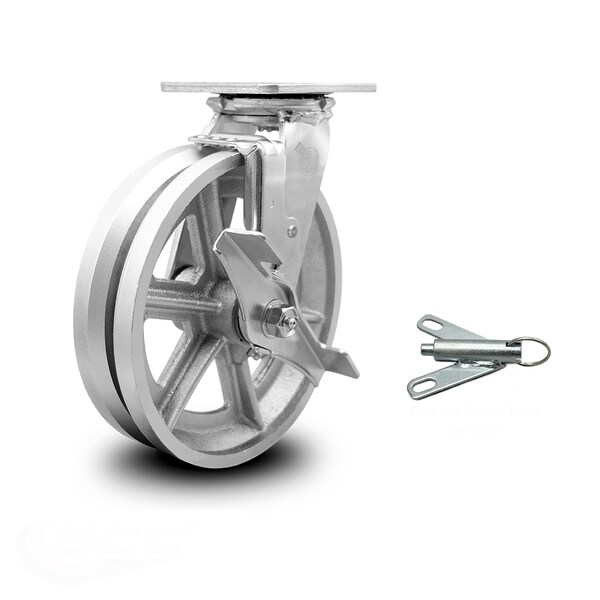 Service Caster 8 Inch V Groove Semi Steel Caster with Roller Bearing and Brake/Swivel Lock SCC SCC-30CS820-VGR-TLB-BSL - main